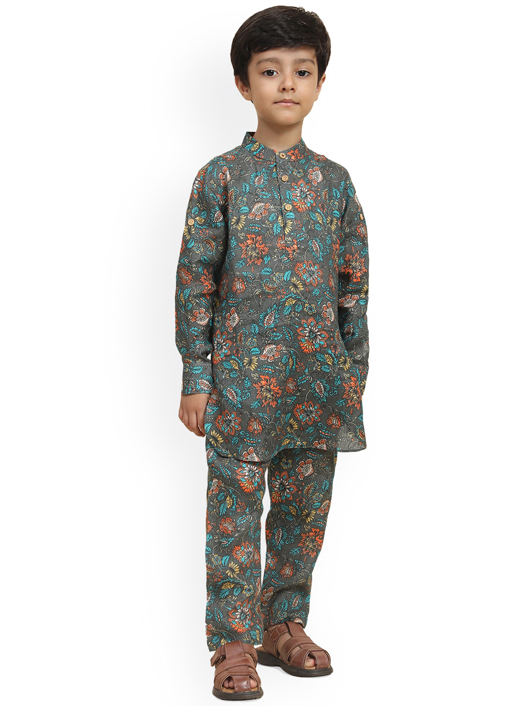 BAESD Boys Floral Printed Mandarin Collar Long Sleeves Linen Kurta with Pyjamas
