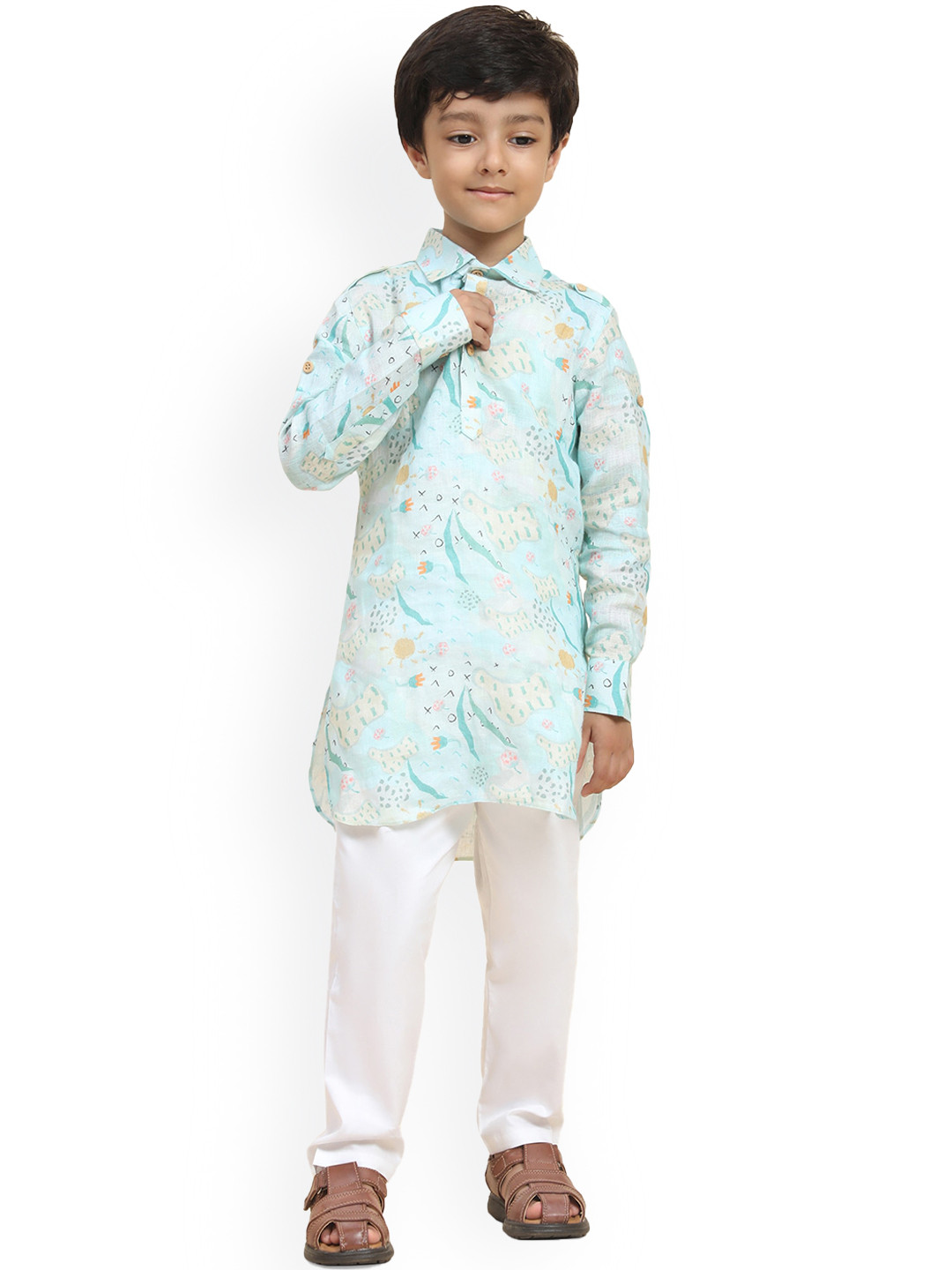 BAESD Boys Abstract Printed Pathani Linen Kurta With Pyjama