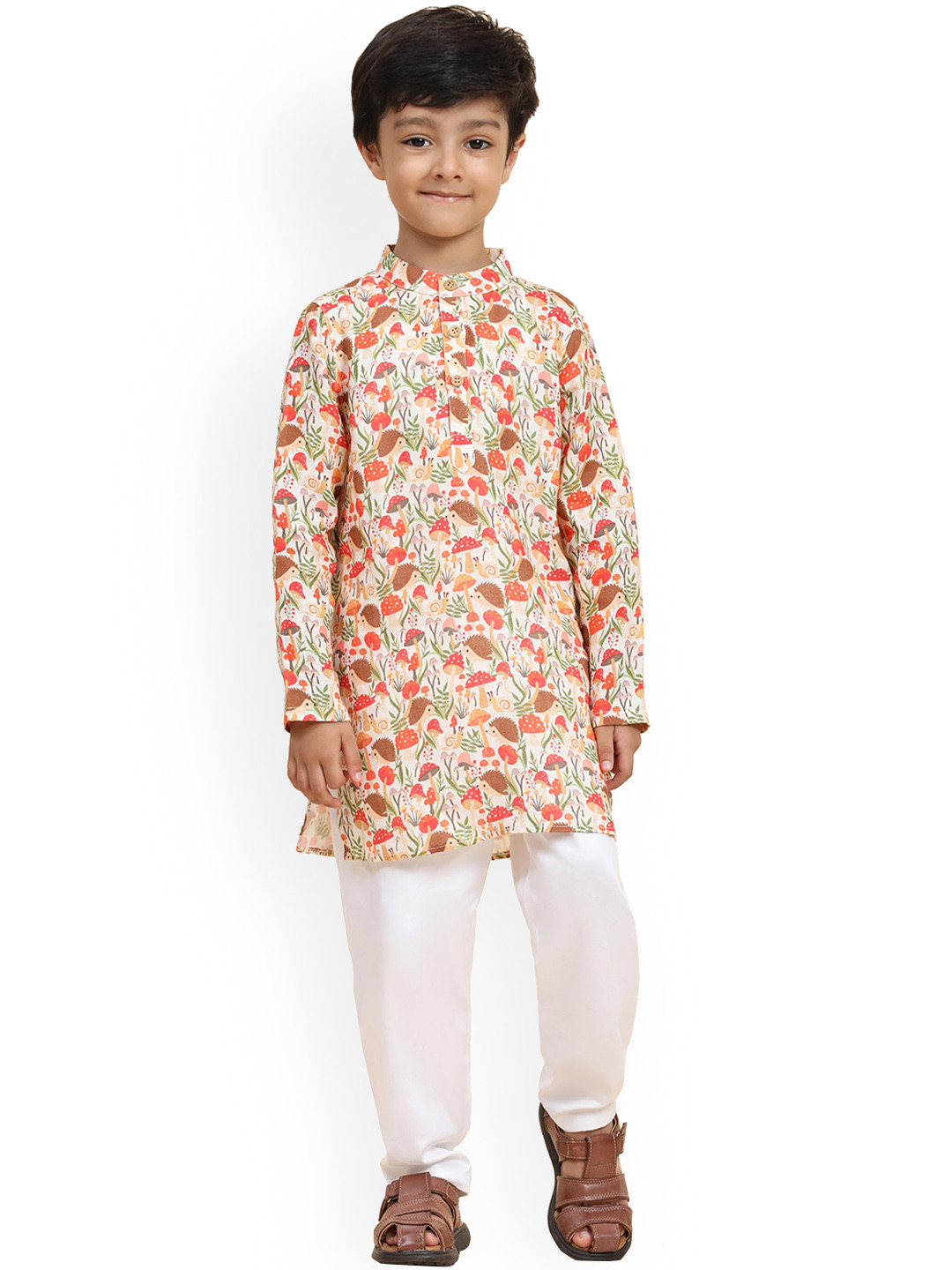 BAESD Boys Mushroom Printed Pure Linen Kurta With Pyjama