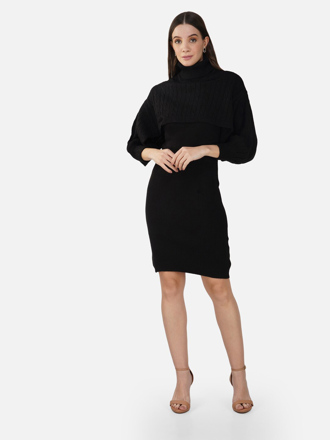 Chemistry Self Design High Neck Slit Sleeve Acrylic Sheath Dress