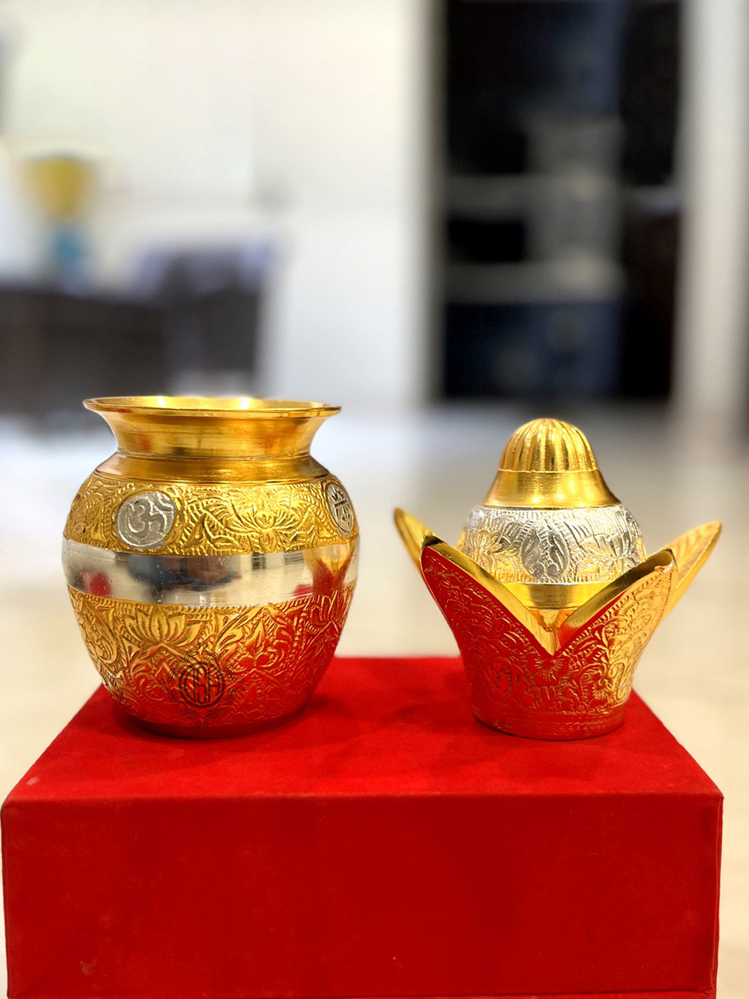 DSH Crafting Your Curiosity Gold toned Textured Brass Pooja Kalash with Coconut & Leaf