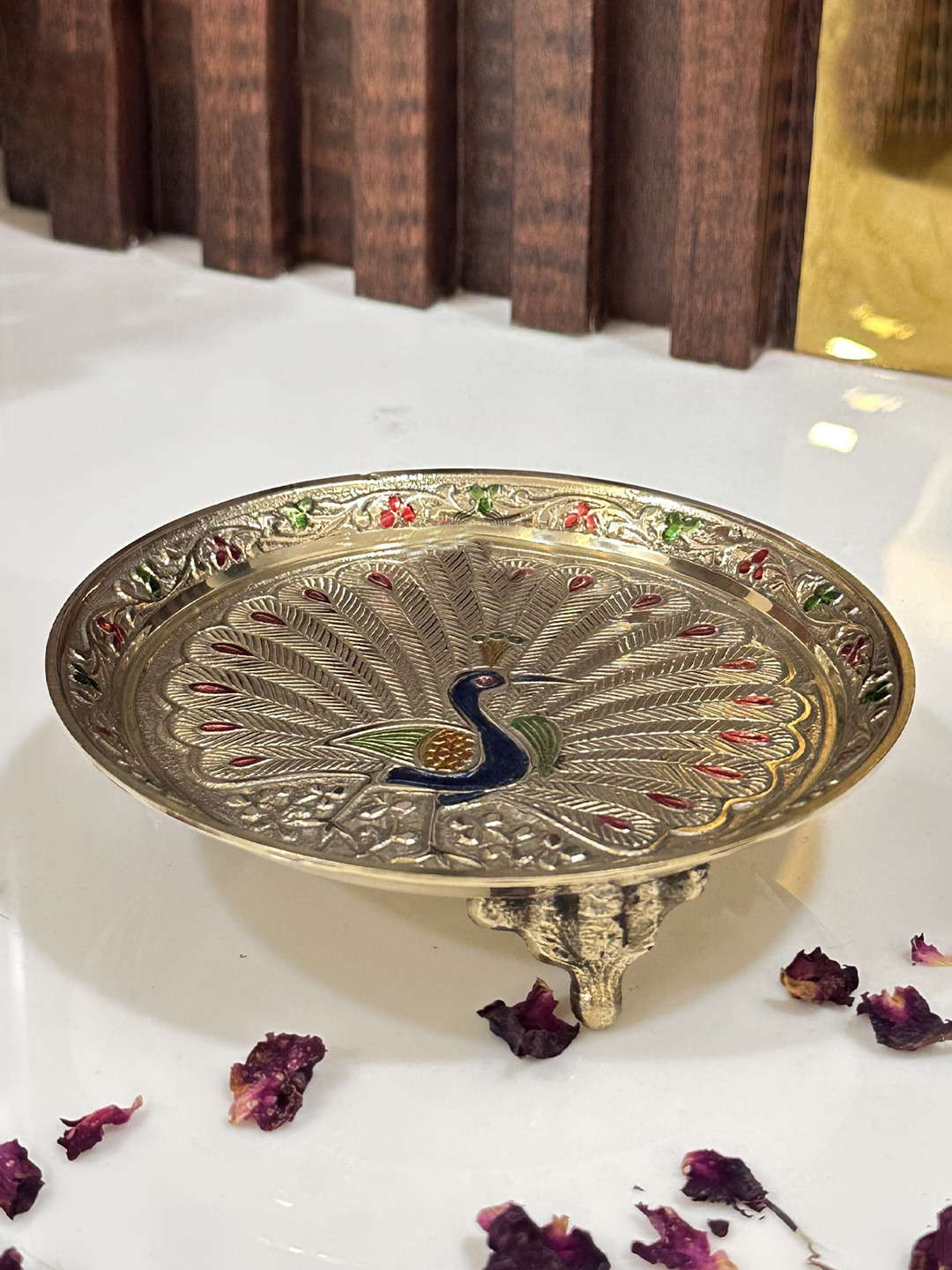 DSH Crafting Your Curiosity Gold & Blue Brass Peacock-design Embossed Pooja Thali