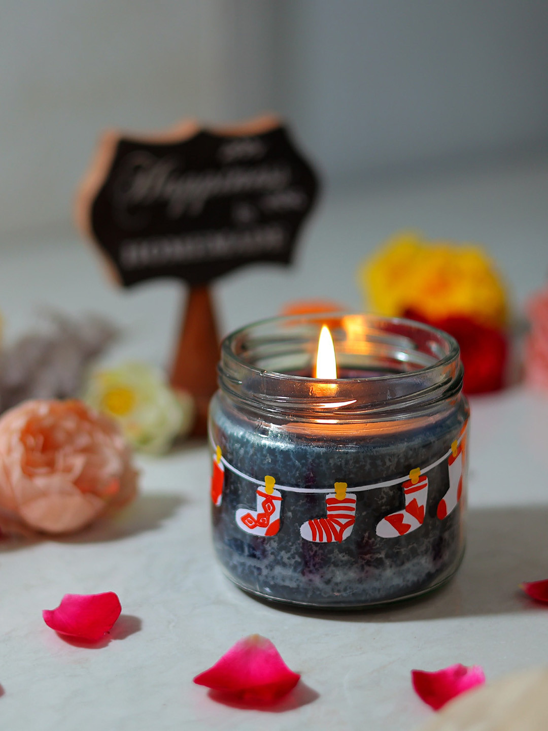 POSH-N-PLUSH Spiffy Socks Hand Painted Glass Candle With Lid Scented Solid Jar Candles