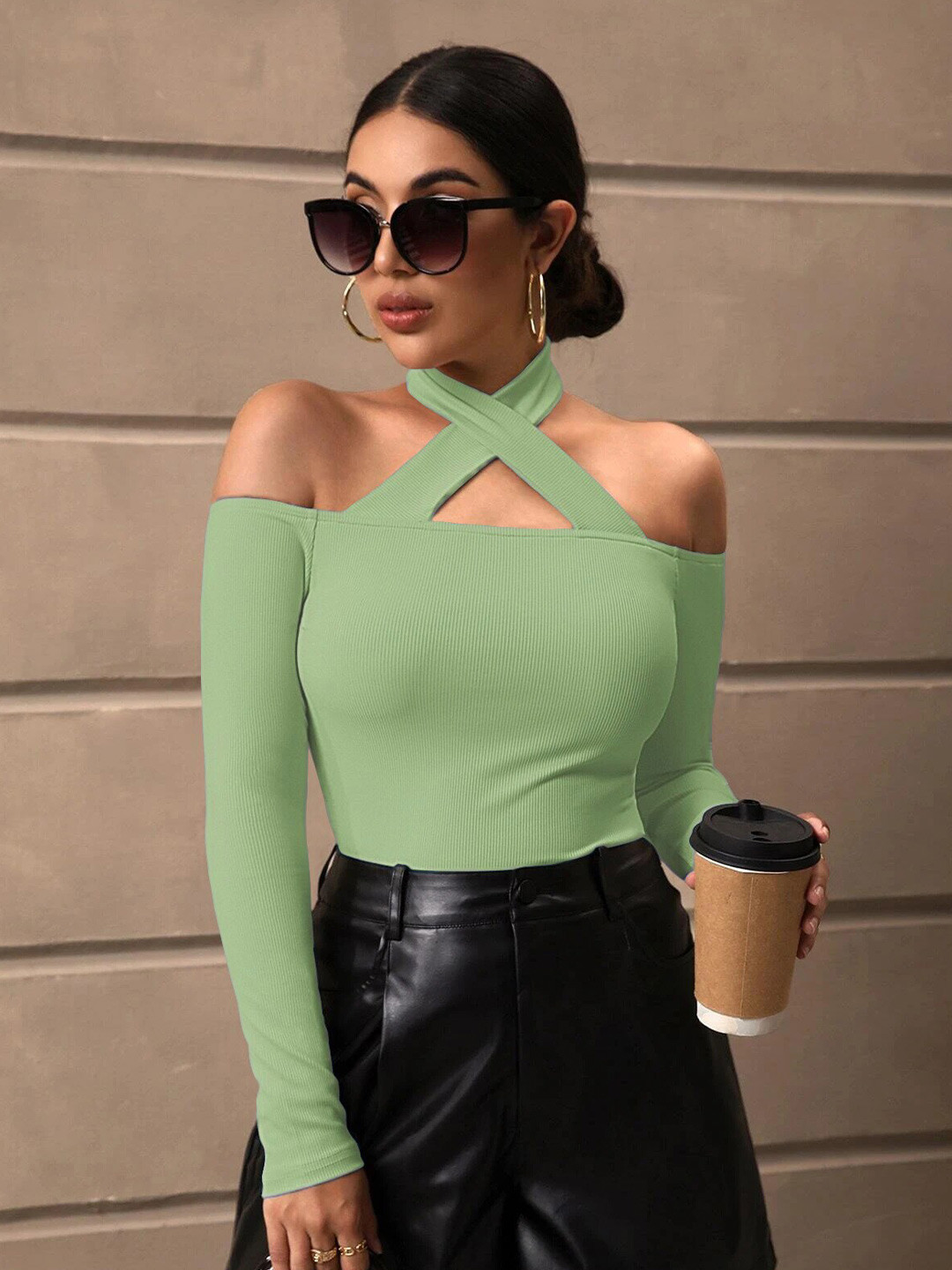BAESD Ribbed Halter Neck Cold Shoulder Fitted Top