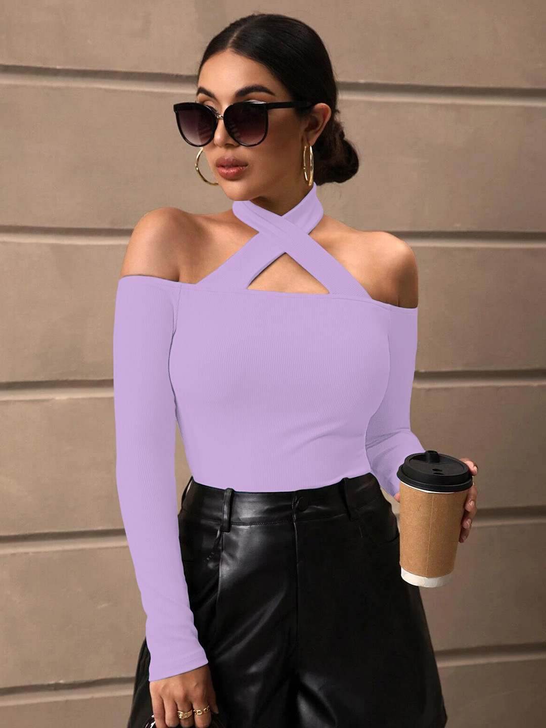BAESD Ribbed Cold-Shoulder Halter Neck Fitted Top