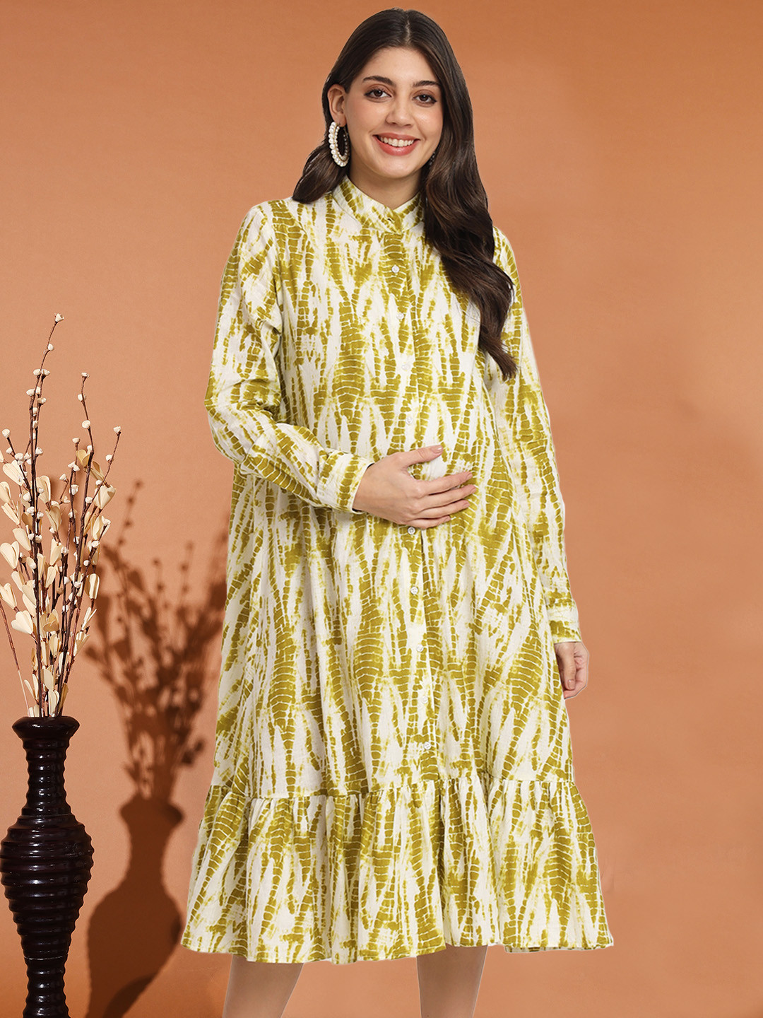 angloindu Tie and Dye Dyed Maternity Cotton Shirt Style Midi Dress