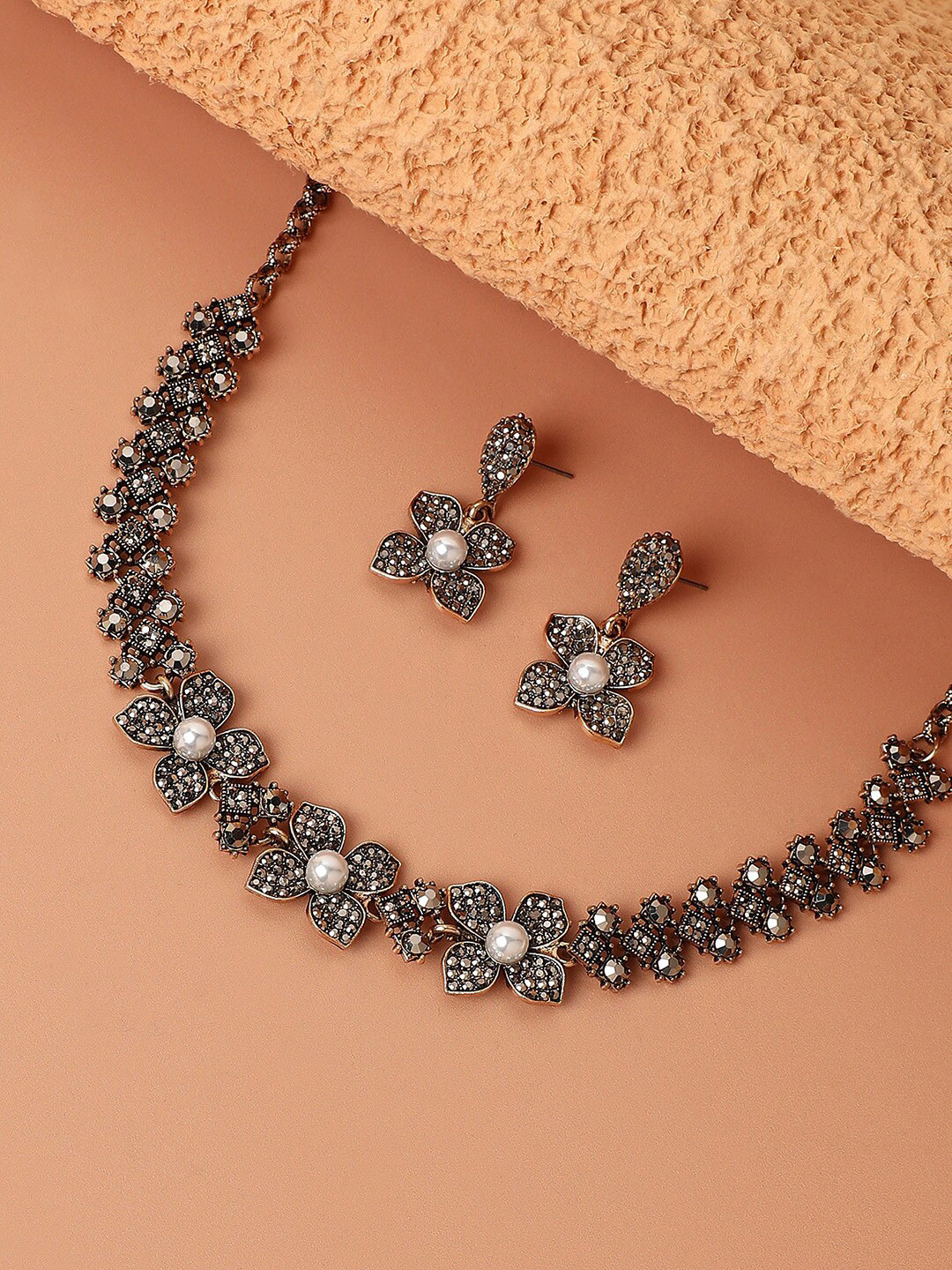 SOHI Gold-Plated Crystal-Stones Studded Flower Statement Jewellery Set