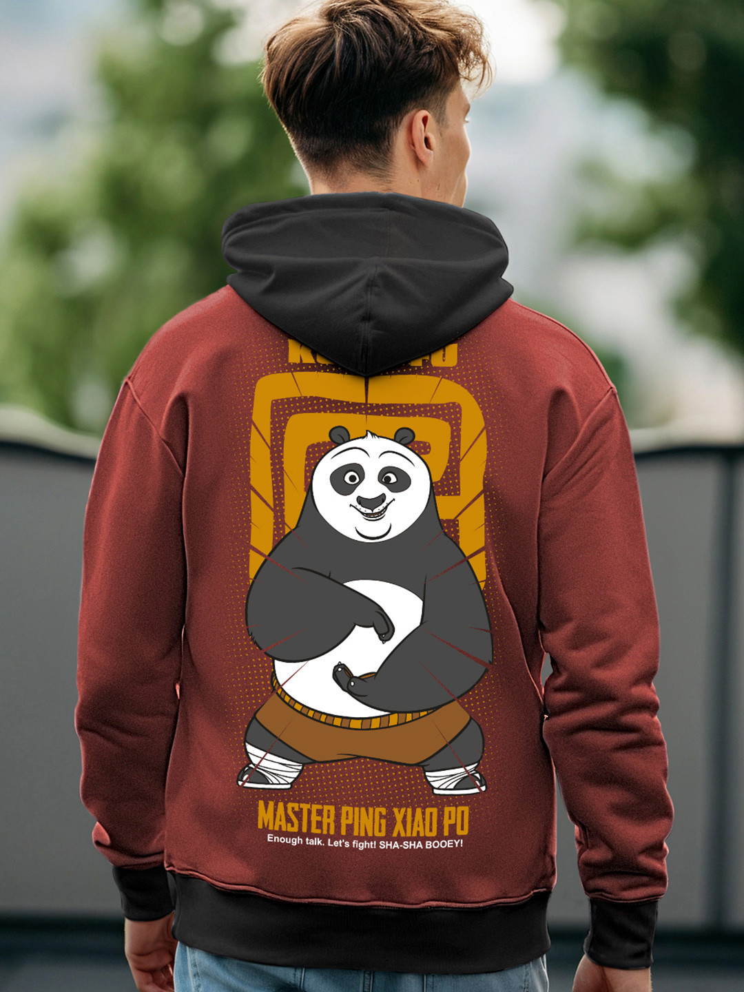Bewakoof Brown Kung Fu Panda Printed Hooded Fleece Oversized Sweatshirt