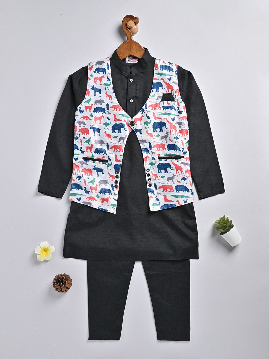 BAESD Boys Band Collar Long Sleeve Pure Cotton Kurta With Pyjamas & Jacket