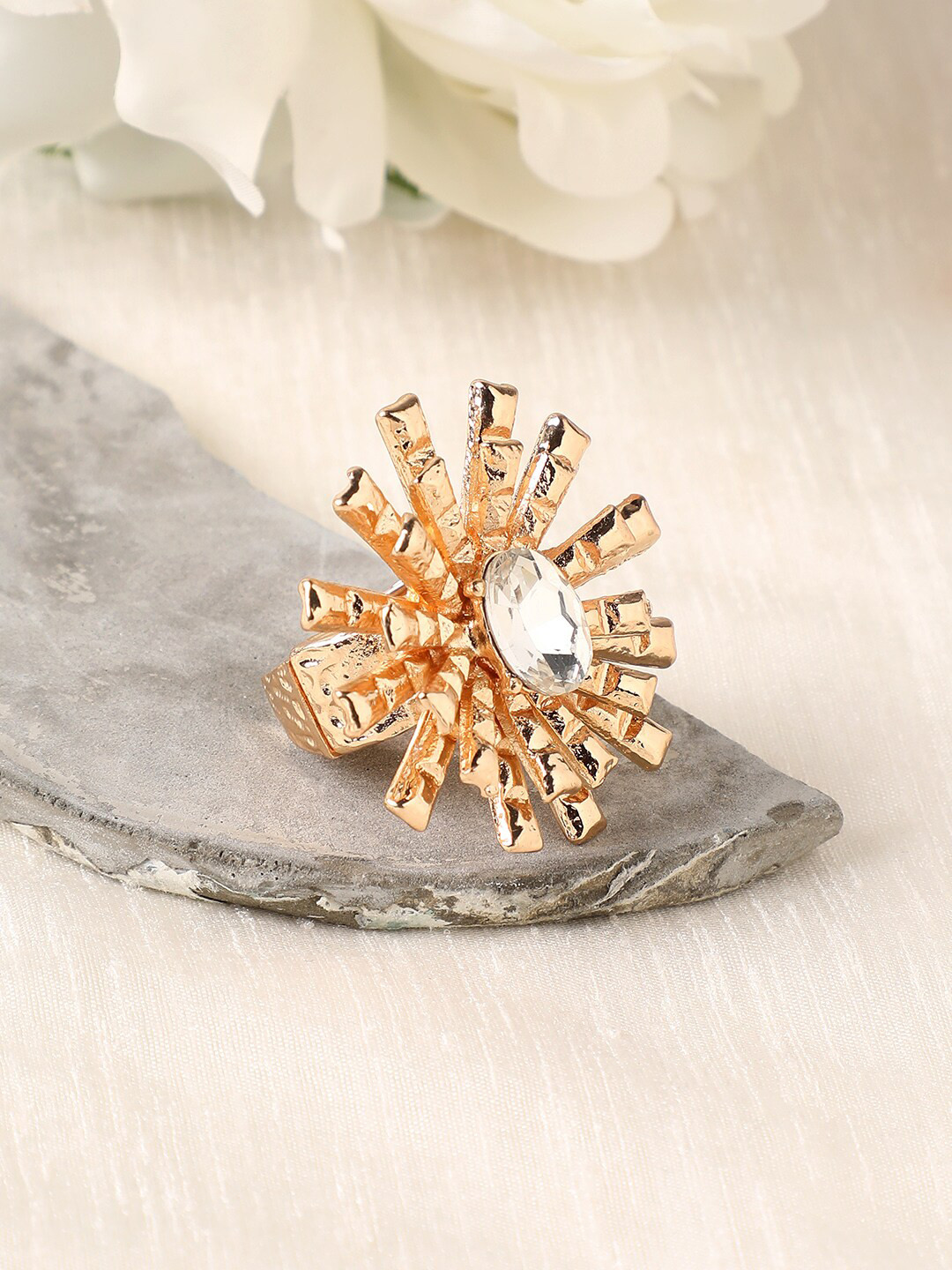 SOHI Gold-Plated Crystals-Studded Bud Flower Statement Finger Ring