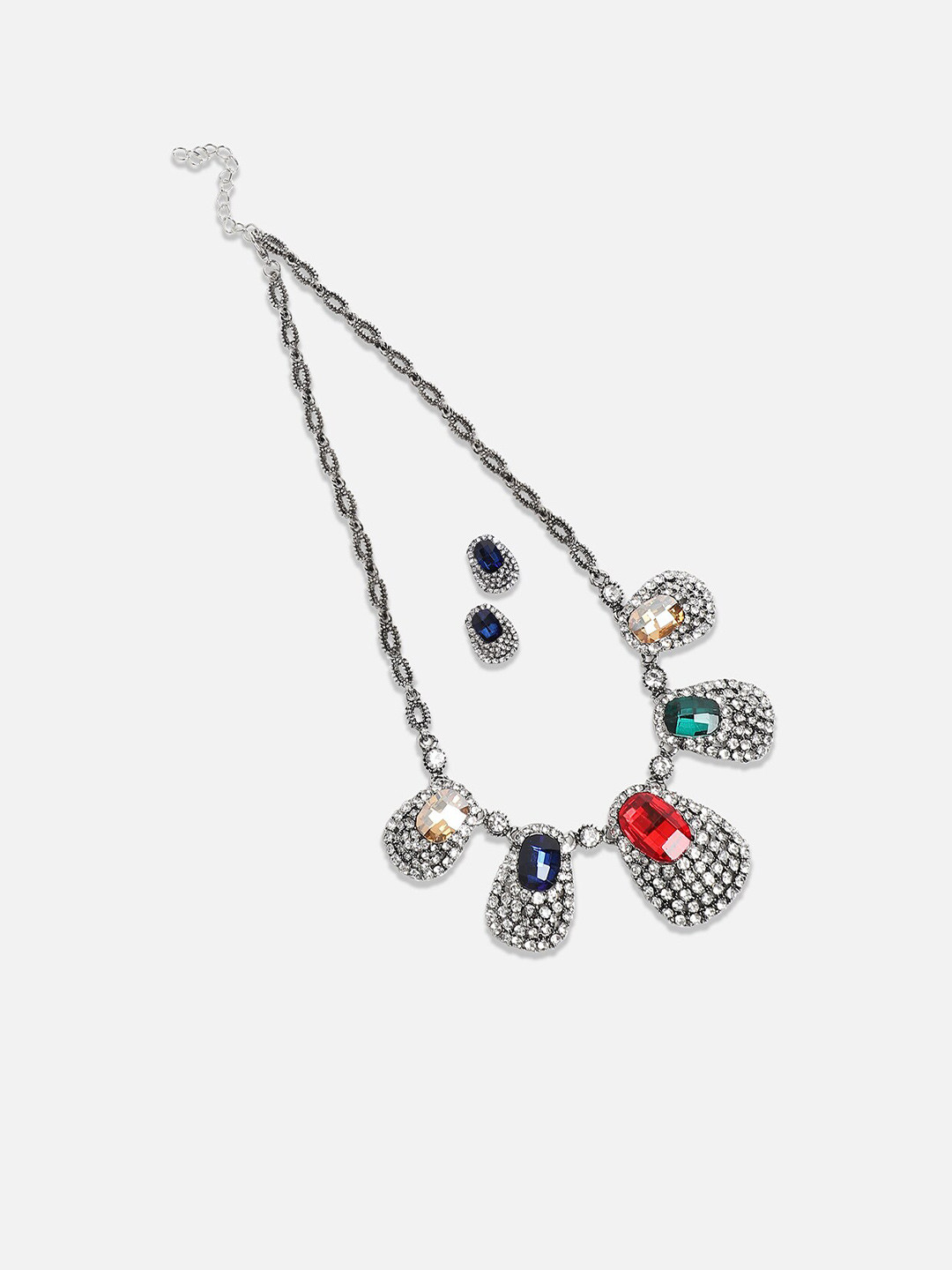 SOHI Silver-Plated Crystal-Stones Studded Jewellery Set