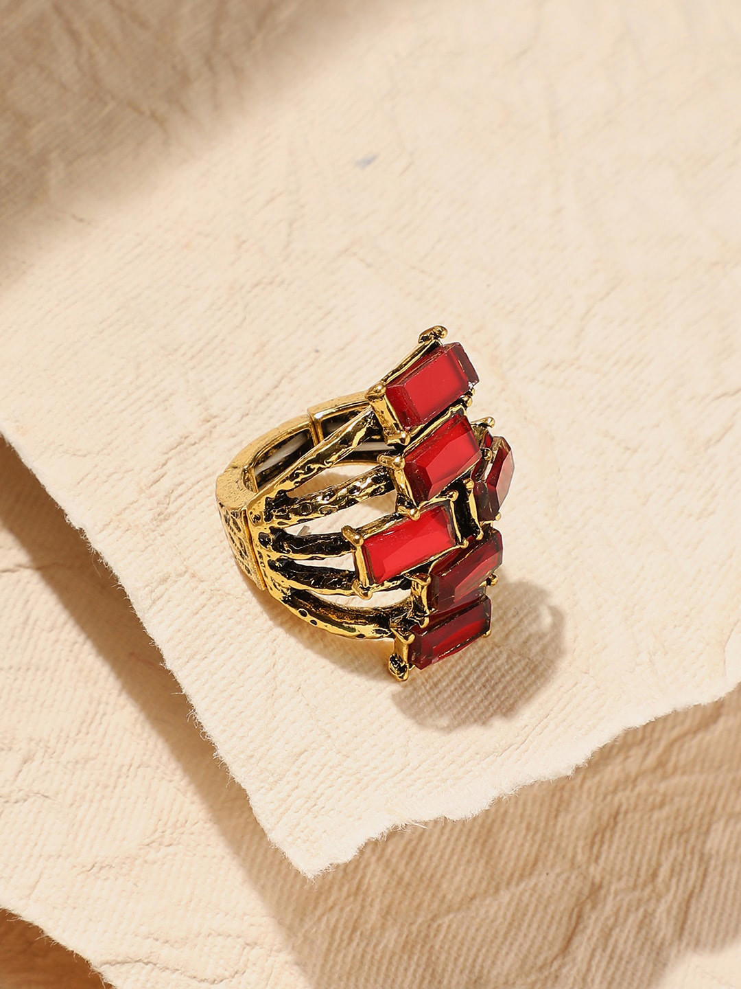 SOHI Gold-Plated Stone & Stacked Studded Cocktail Finger Ring