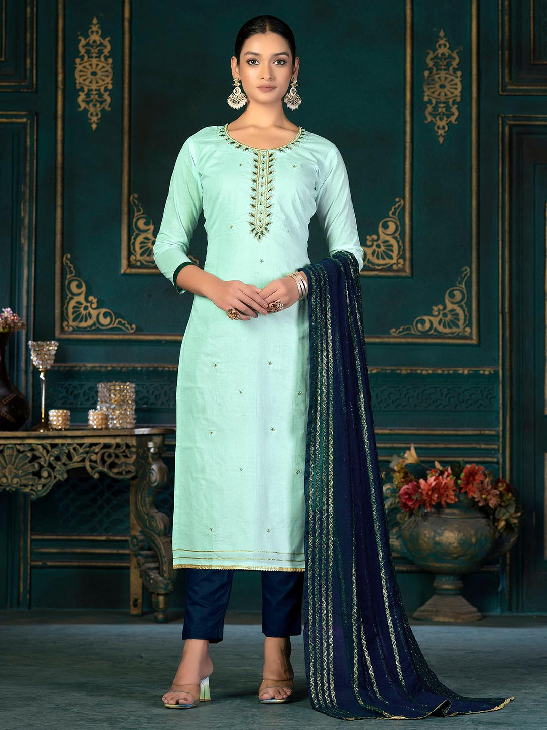 KALINI Embroidered Beads & Stones Cambric Cotton Unstitched Dress Material