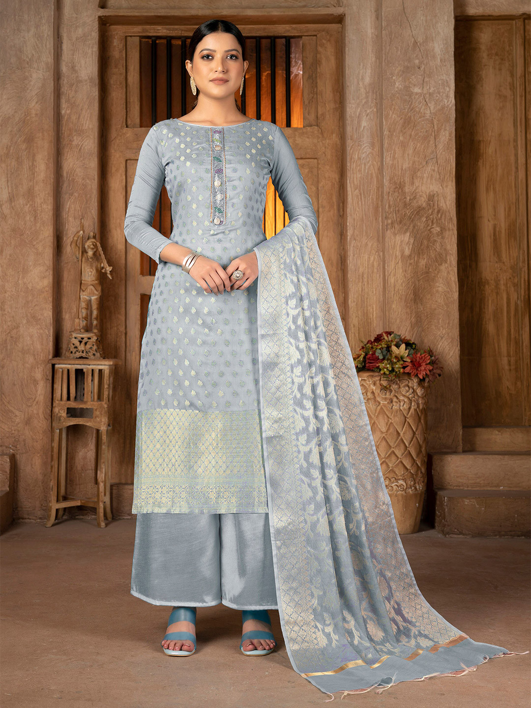 KALINI Grey & Grey Unstitched Dress Material