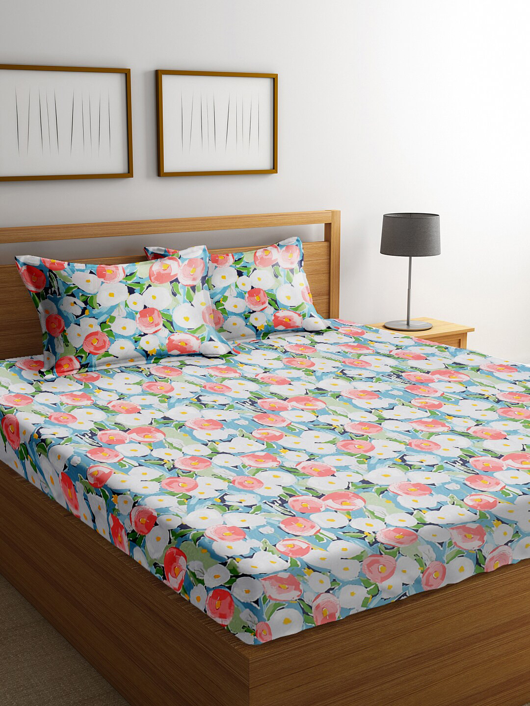 URBAN DREAM Fashion Brush Stroke Blue Floral Cotton 210 TC Fitted King Fine Bedsheet with 2 Pillow Covers-91 x 108 inches