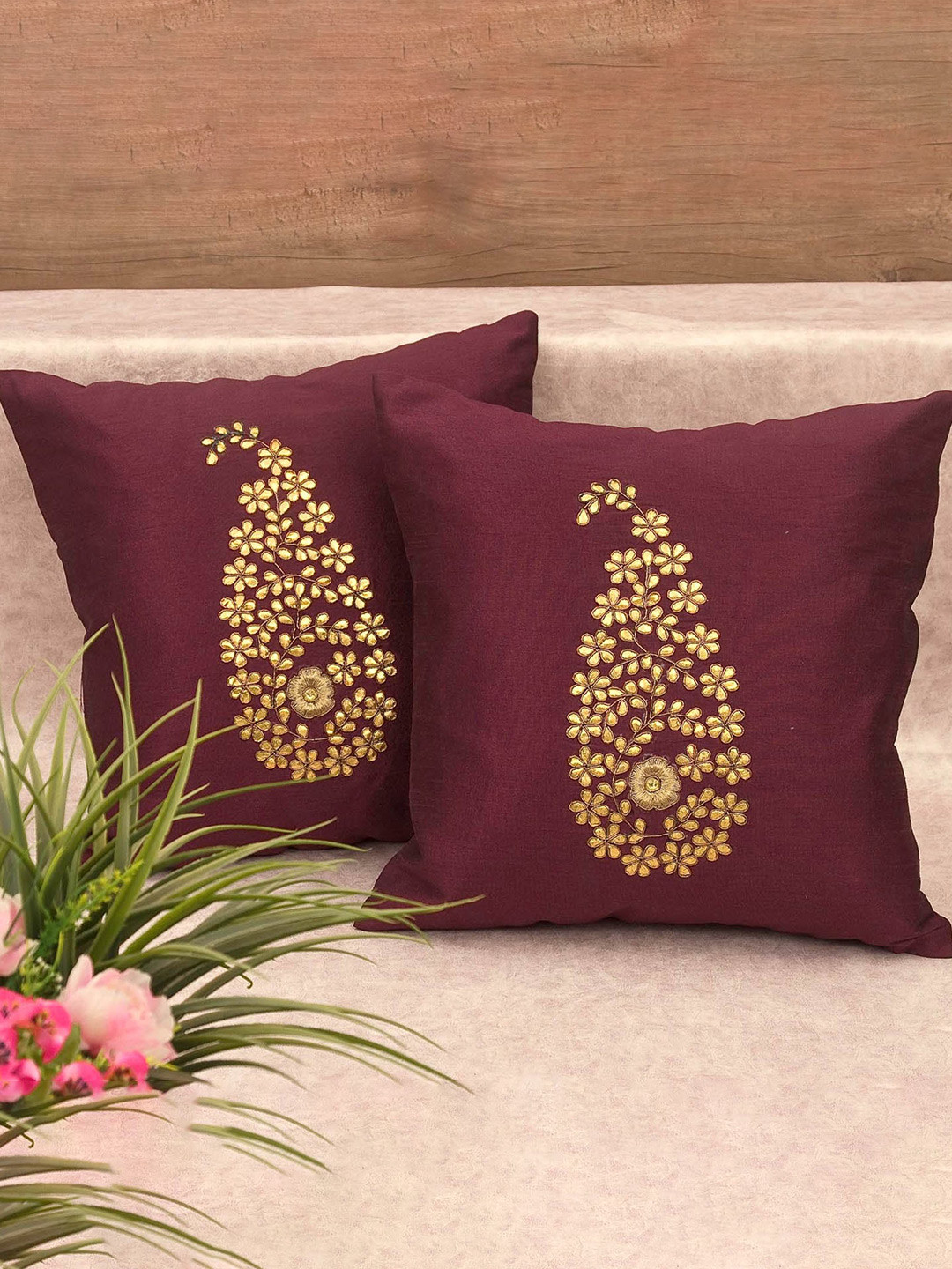 RoyalDeco Burgundy Paisley Silk Breathable 2 Pcs Embellished Cushion Covers -12x12In