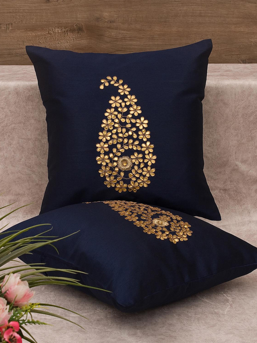 RoyalDeco Navy Blue and Gold Toned 2 Pieces Cushion Covers