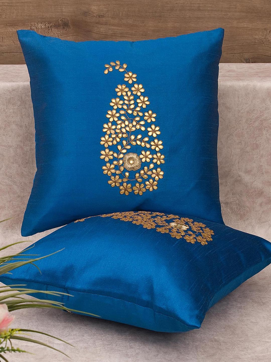 RoyalDeco Blue Silk Handcrafted 2 Piece Embroidered Square Cushion Covers -12x12In
