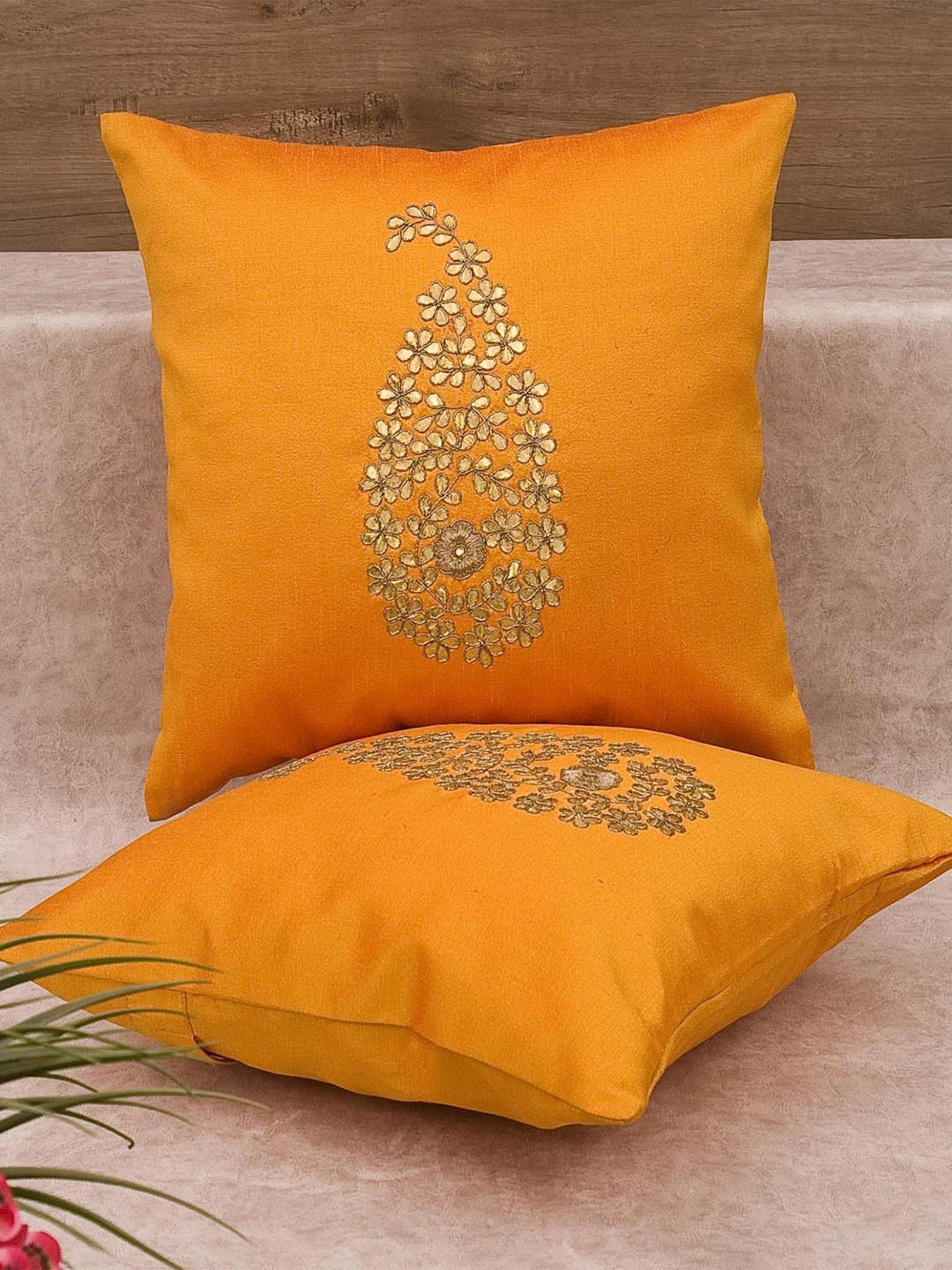 RoyalDeco Yellow & Gold Toned 2 Pieces Ethnic Motifs Silk Cushion Covers