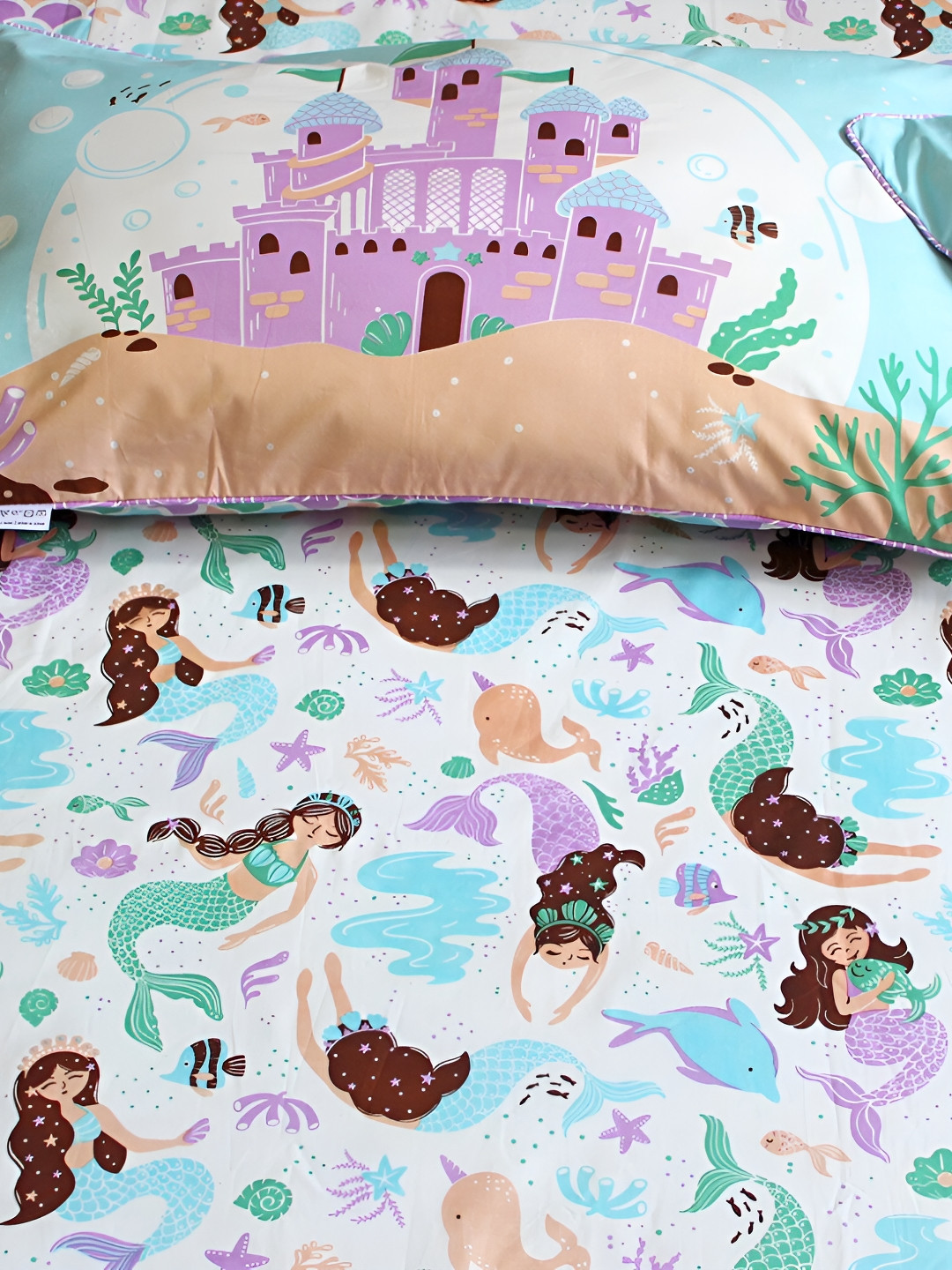 Silverlinen Magical Mermaids Purple Cartoon Characters Cotton 250 TC King Fine Bedsheet with 2 Pillow Covers-108 x 108 inches
