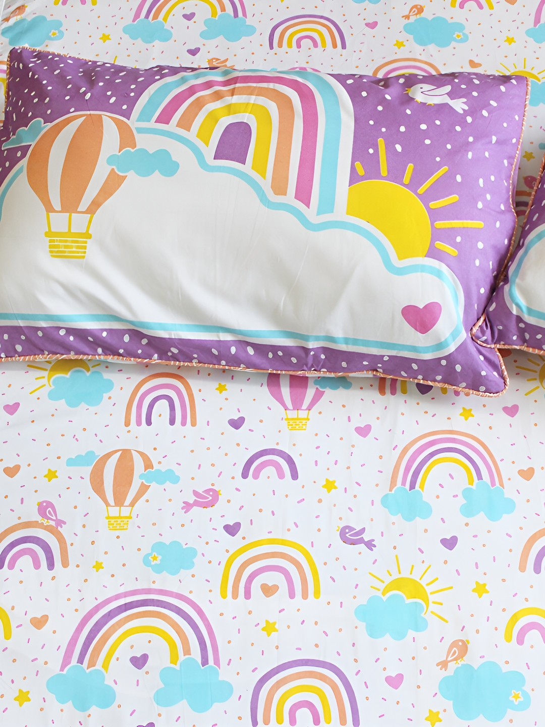 Silverlinen Over The Rainbows Pink Conversational Cotton 250 TC Queen Fine Bedsheet with 2 Pillow Covers-84 x 100 inches