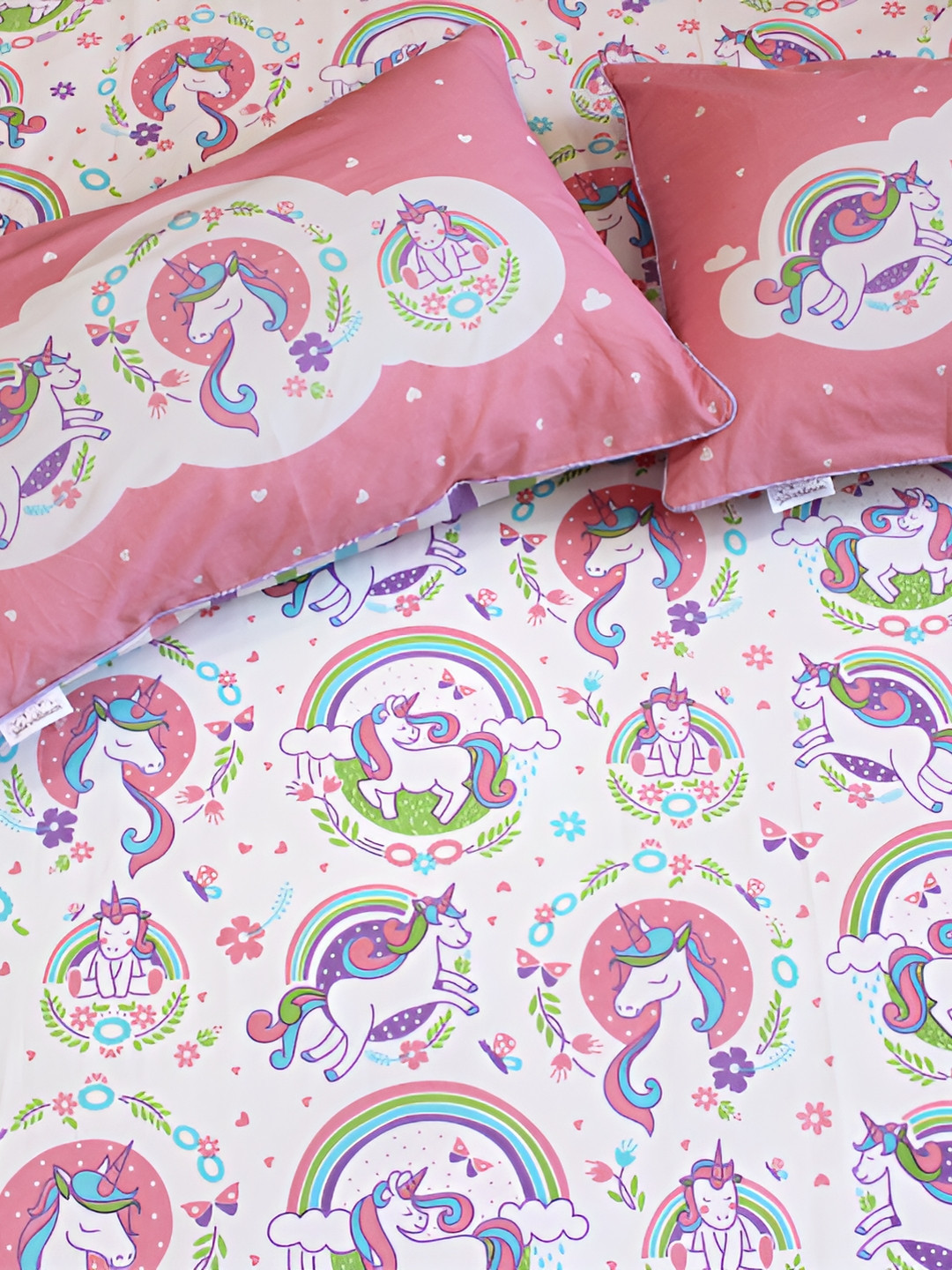 Silverlinen Unicorn And Rainbows Pink Floral Cotton 250 TC Single Fine Bedsheet with 2 Pillow Covers-213.14 x 100 inches