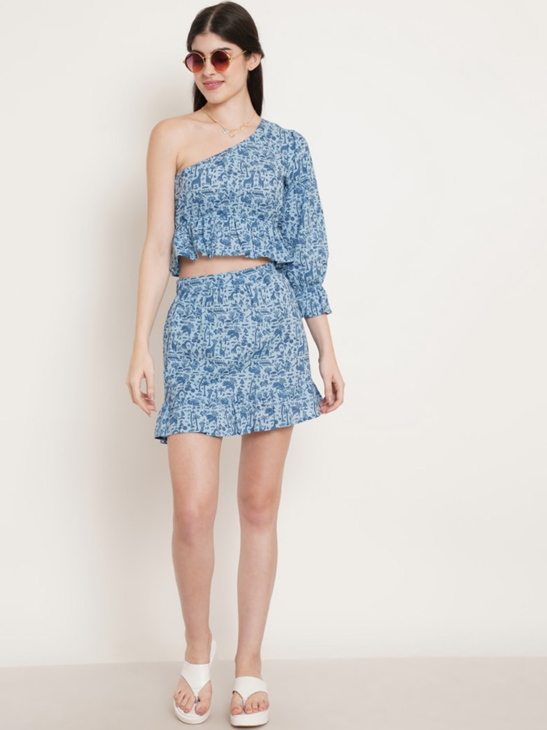 KALINI Printed Pure Cotton One Shoulder Top & Short Co-Ords