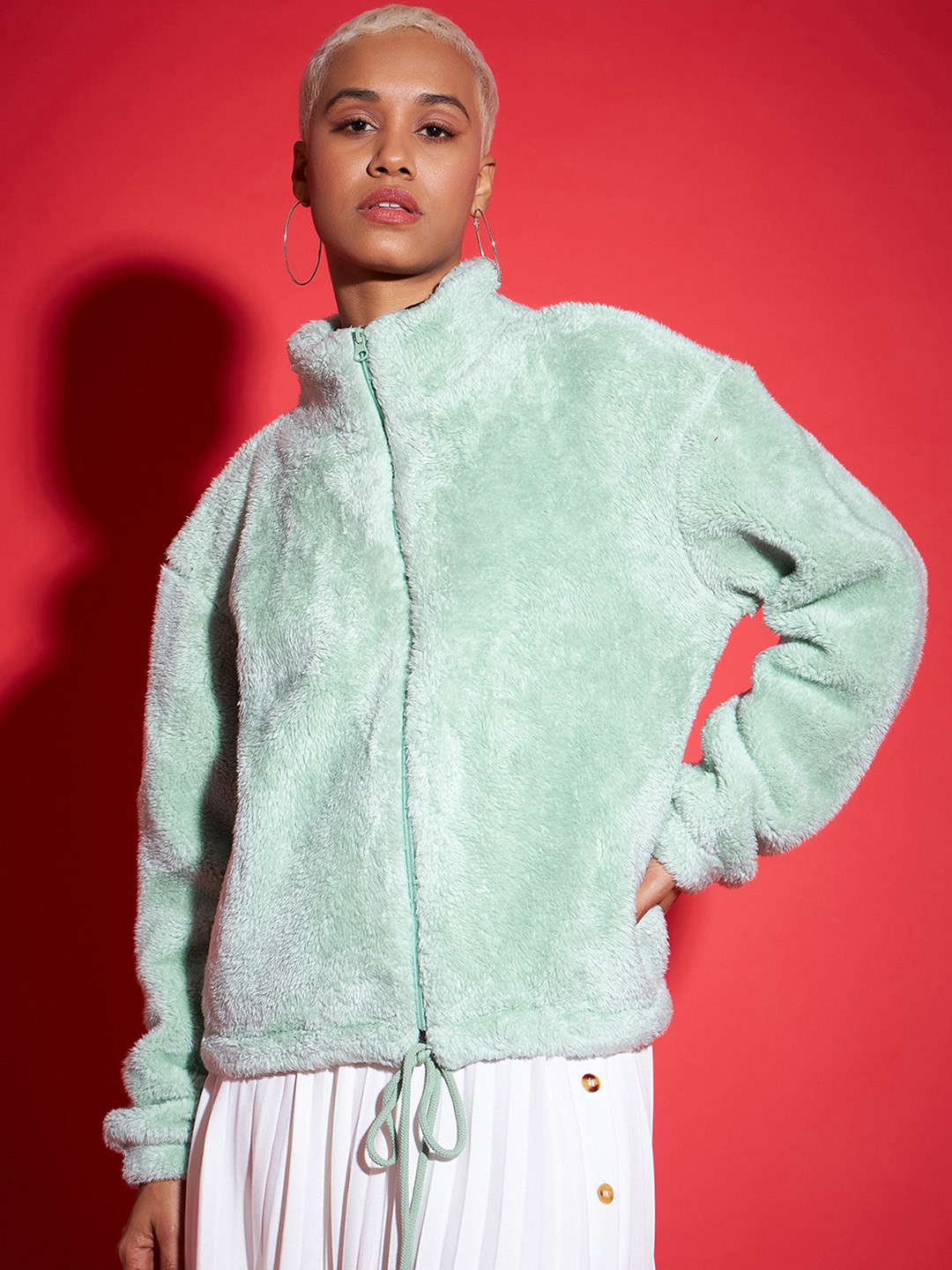 SASSAFRAS Stand Collar Faux Fur Trim Open Front Jacket