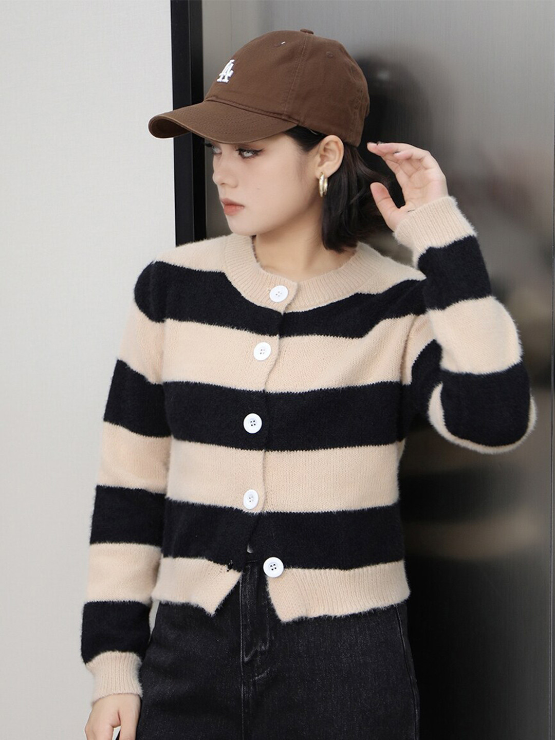 StyleCast Teen Girls Off-White & Black Striped Cardigan Sweater
