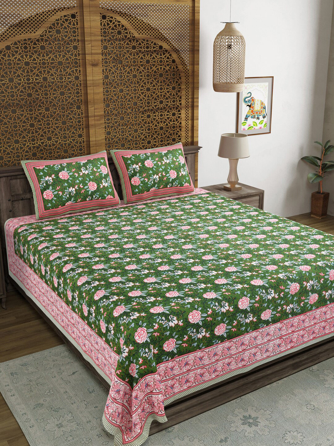 Aura Green Floral Cotton 210 TC King Fine Bedsheet with 2 Pillow Covers-98 x 98 inches