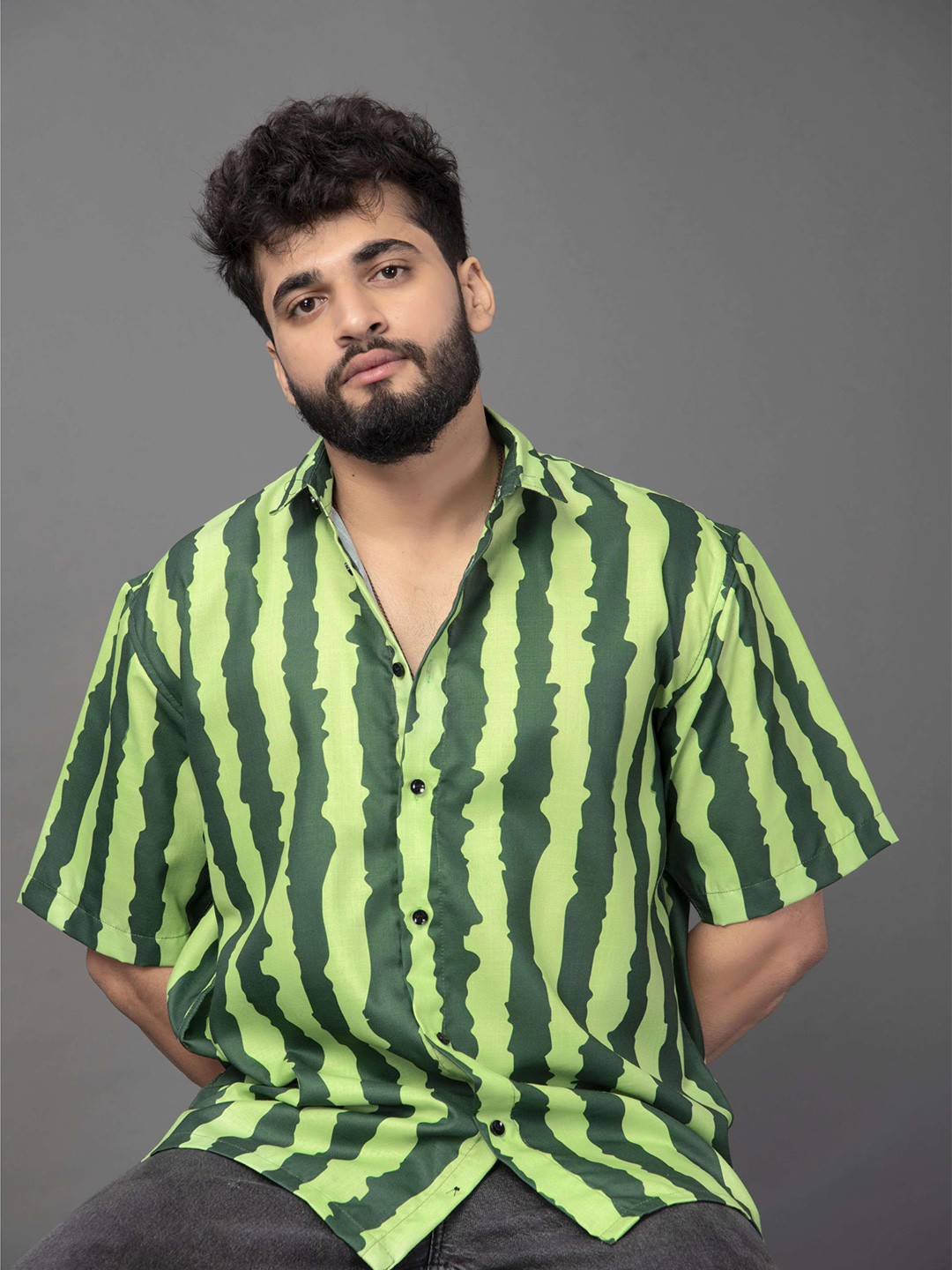 Green Vertical Striped Relaxed Fit Casual Shirt