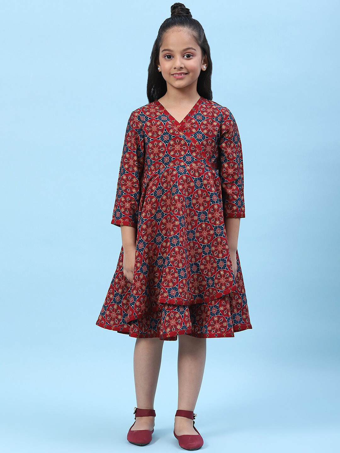 Biba Girls Floral Printed V-Neck Silk Wrap Dress