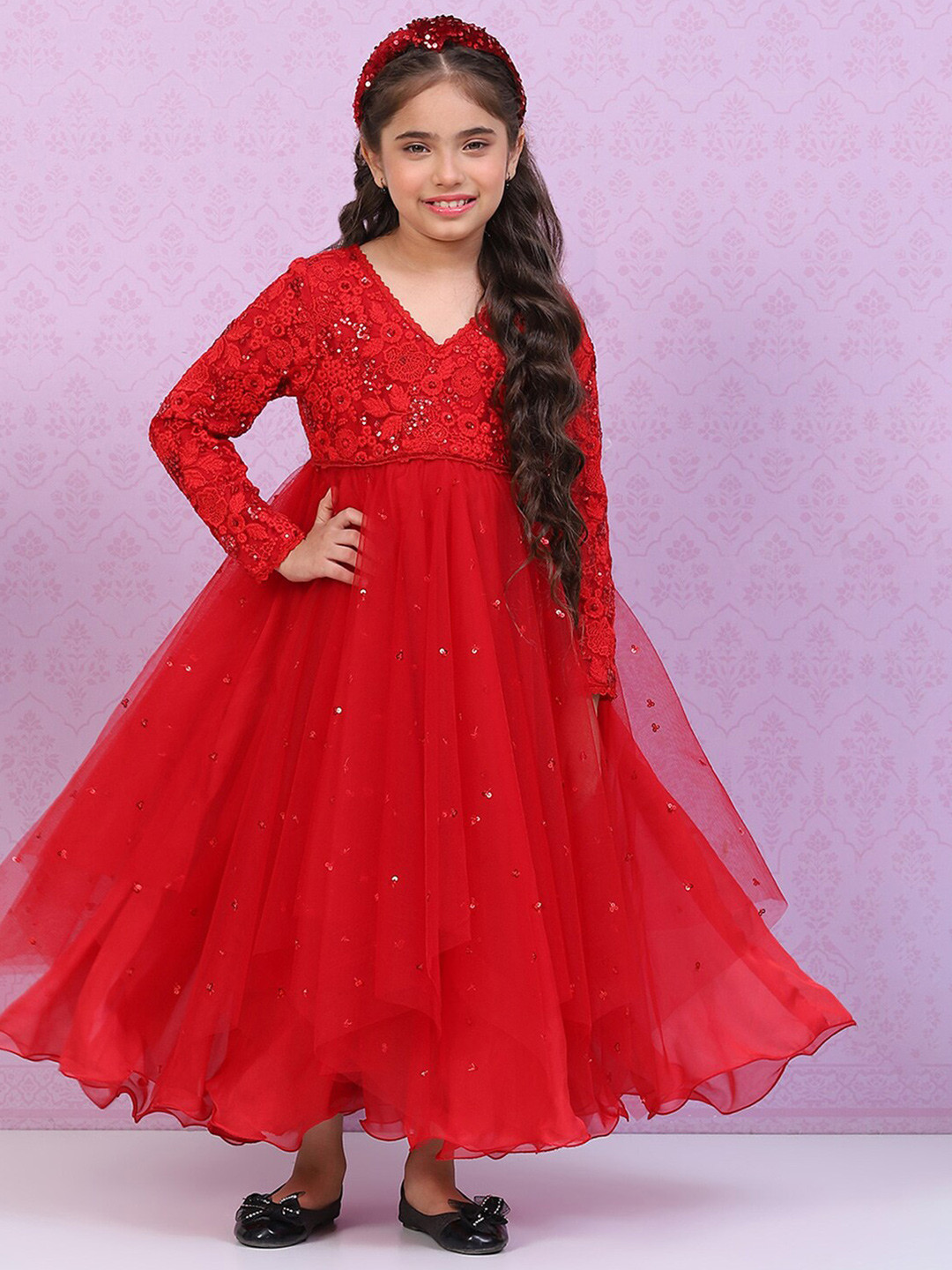 Biba Girls Floral Embroidered Sequined Long Sleeves V-Neck Maxi Dress