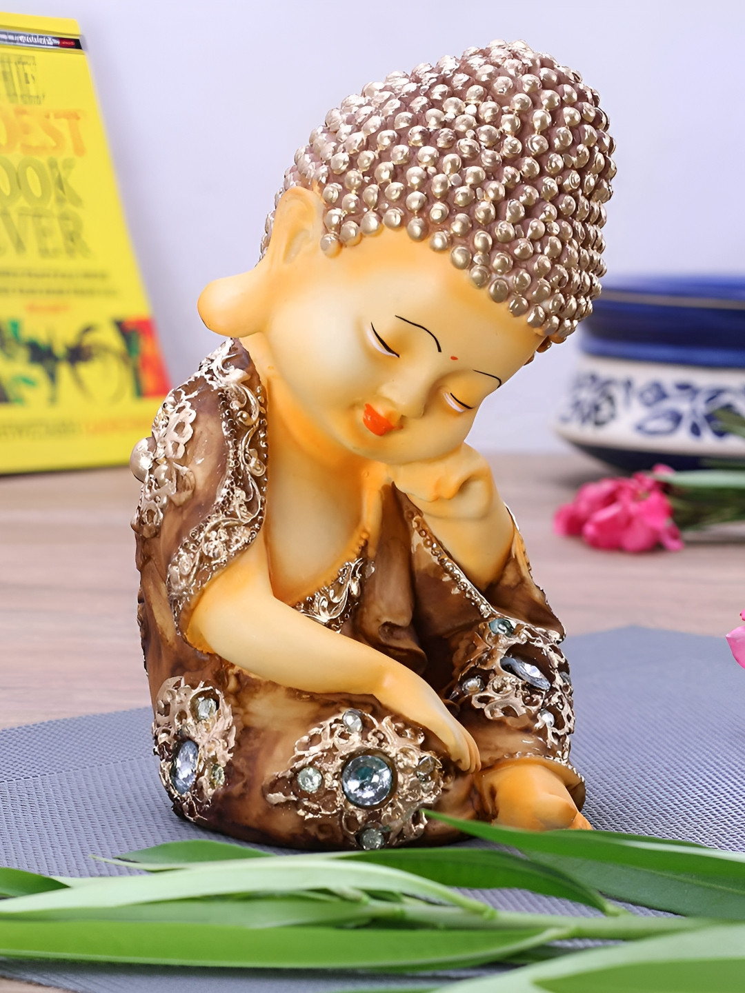 BECKON VENTURE Meditating Buddha Gold Polyresin Natural Prayer Room Medium Showpiece - 7 Inches