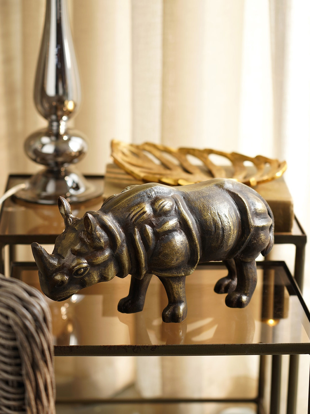 Pure Home and Living Rhinoceros Brown Metal Metallic Living Room Medium Showpiece - 12.8 Inches