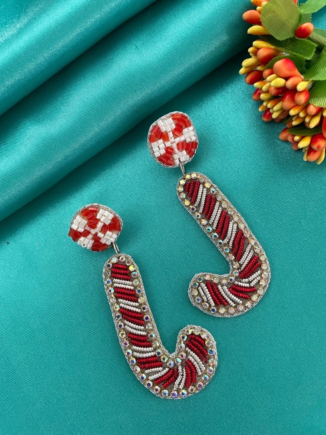 Digital Dress Room Christmas Special Beaded Classic Candy Cane Design Drop Earrings