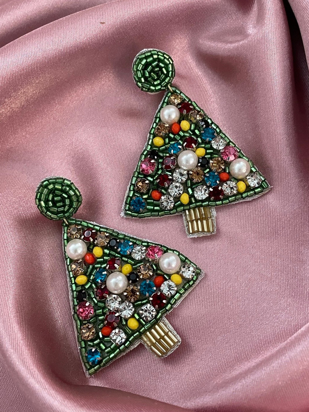 Digital Dress Room Christmas Special Beaded Classic Christmas Tree Design Drop Earrings
