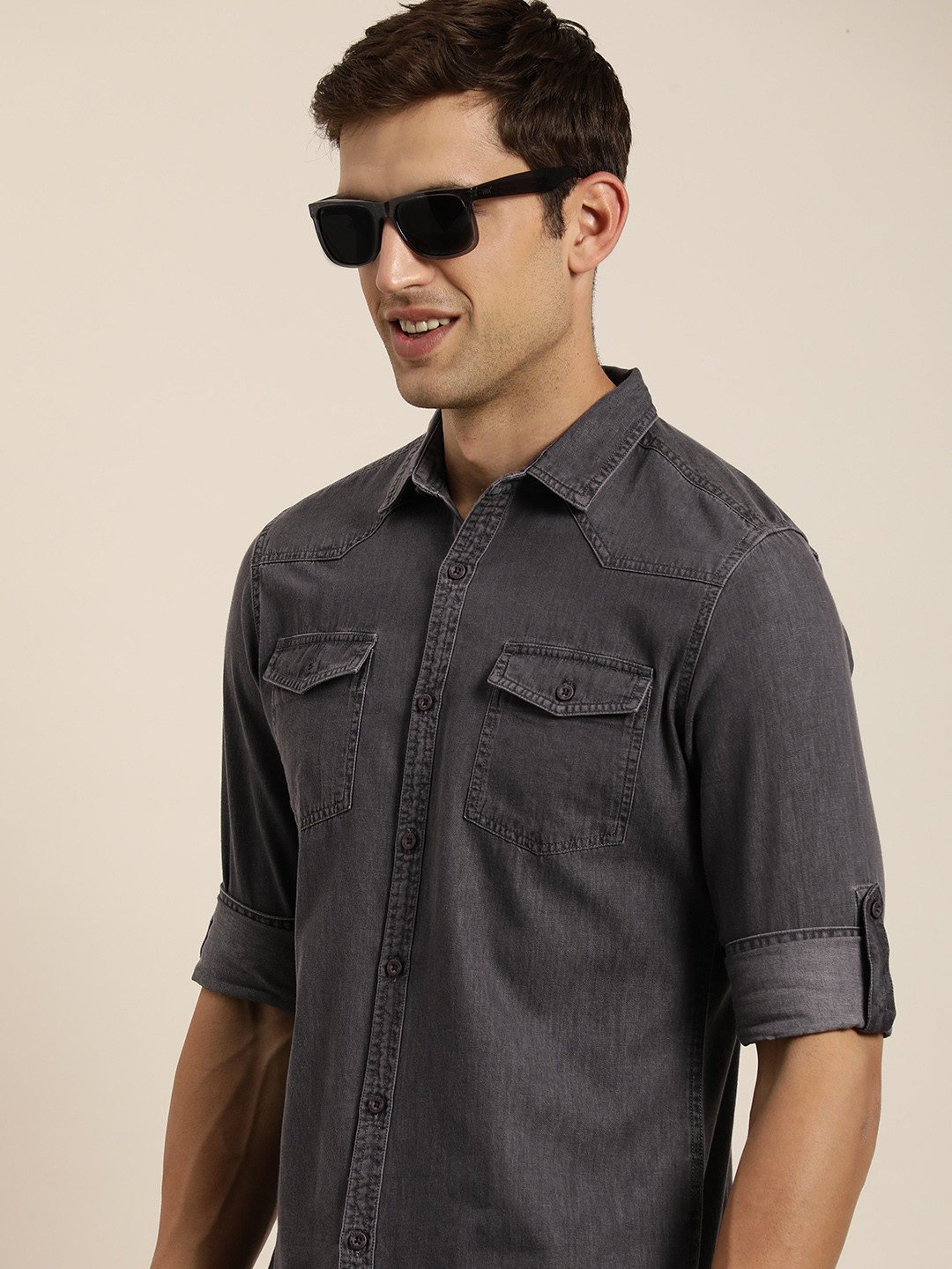 HERE&NOW Men Slim Fit Denim Solid Casual Shirt
