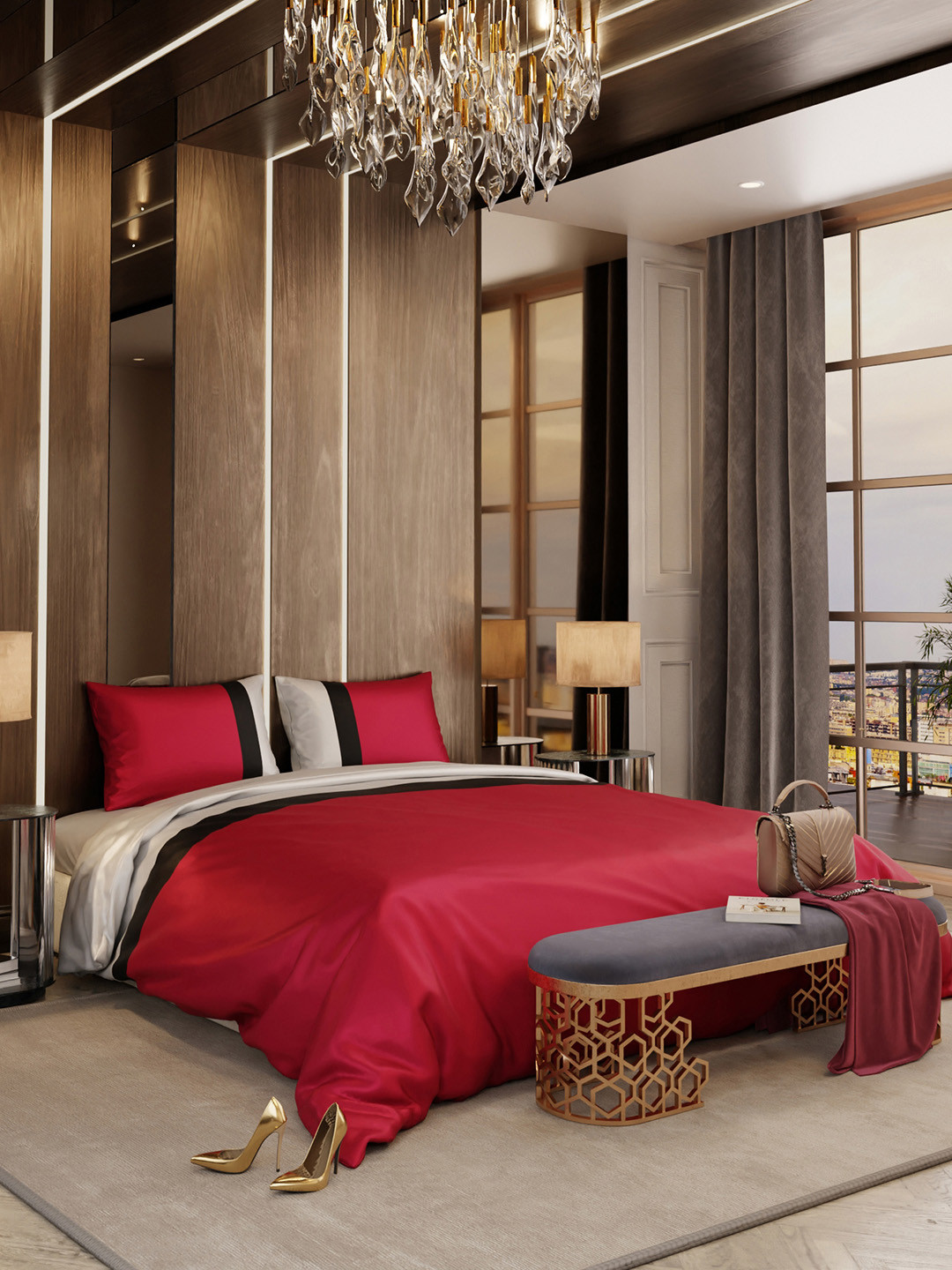 Stoa Paris Vogue Red & Beige AC Room 300TC Double Bed 1 Comforter With 2 Pillow covers