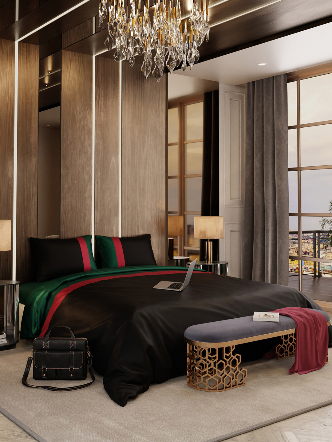 Stoa Paris Vogue Black Green AC Room 150GSM Double Bed Comforter & 2 Pillow Covers 300TC