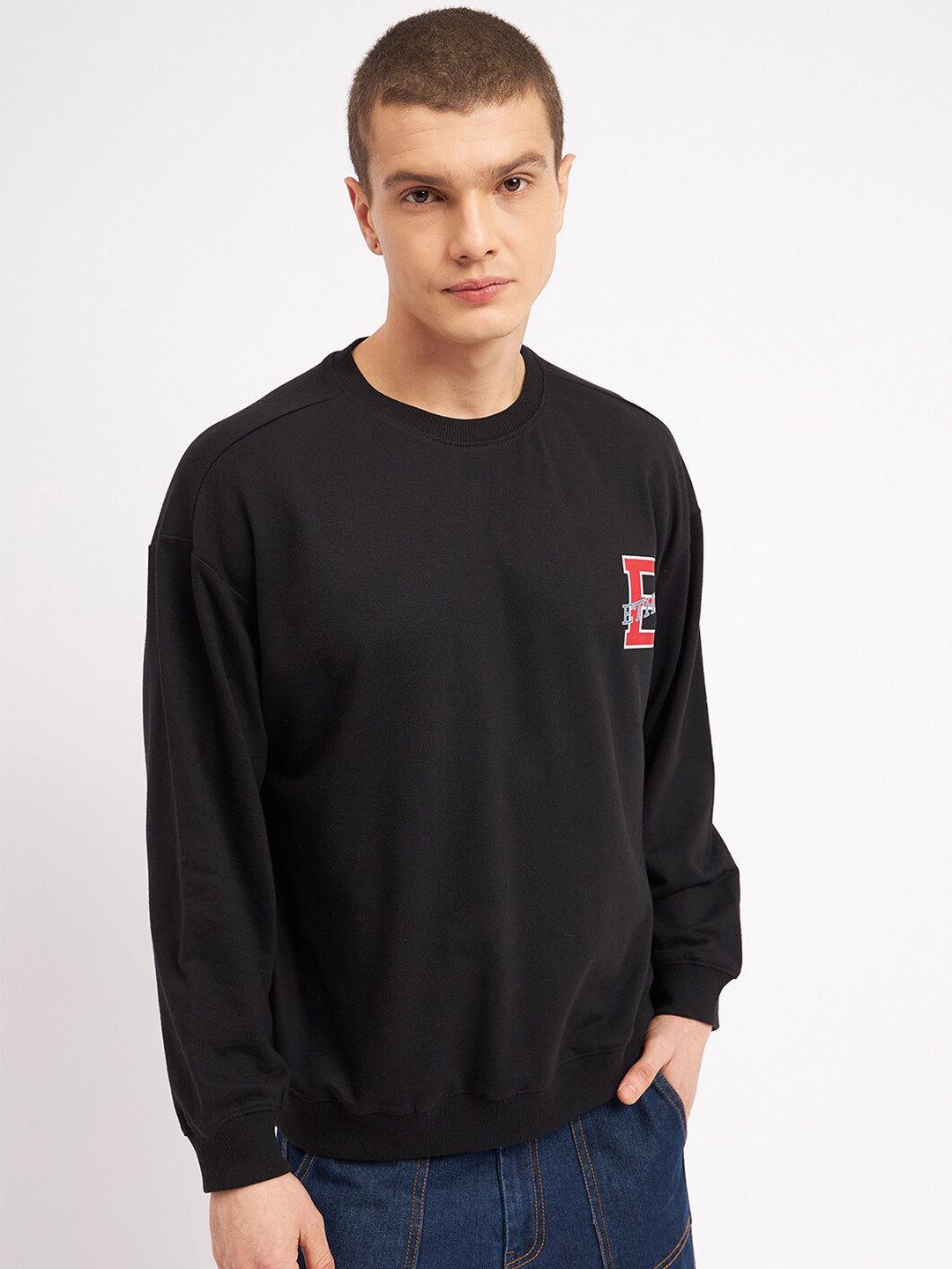 ether Black Brand Logo Printed Drop Shoulder Sleeves Oversized Pullover