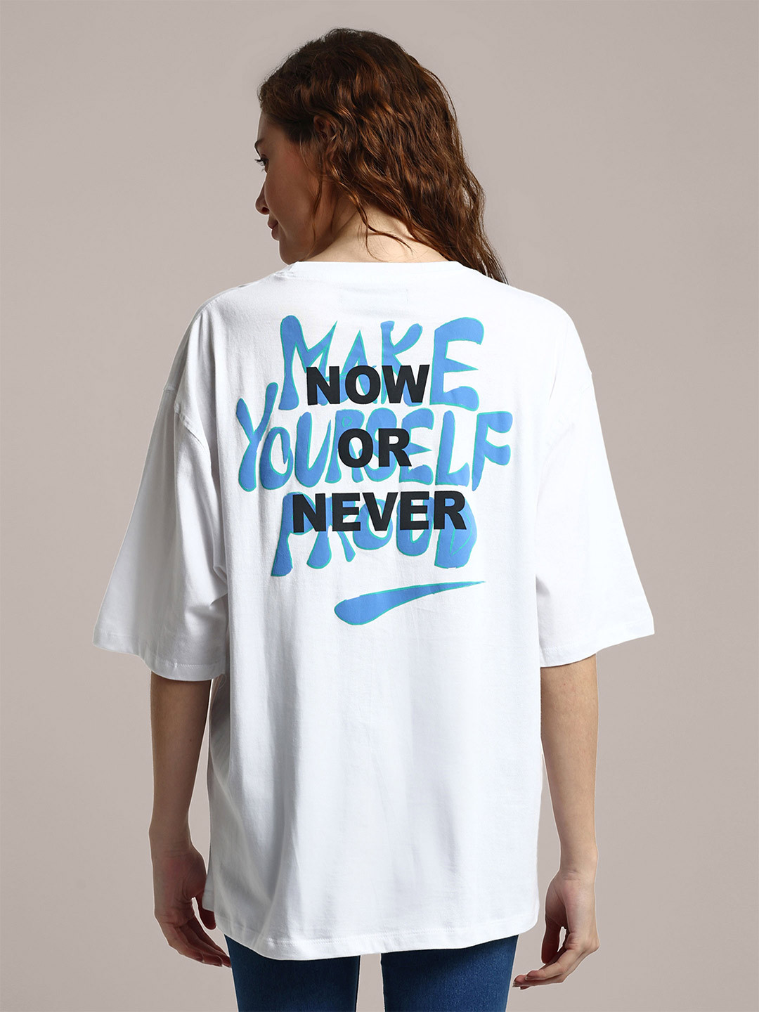 iki chic Typography Printed Drop-Shoulder Sleeves Oversized Cotton T-shirt