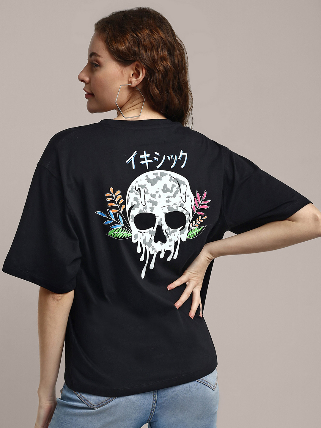 iki chic Graphic Printed Drop-Shoulder Sleeves Relaxed Fit Cotton T-shirt