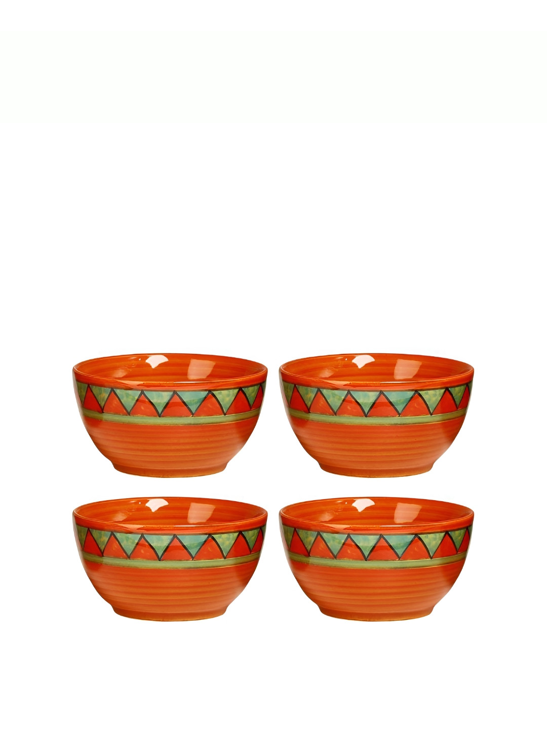 Caffeine Set of 4 Orange with Red & Green Ceramic Handmade Triangles Dessert Bowl