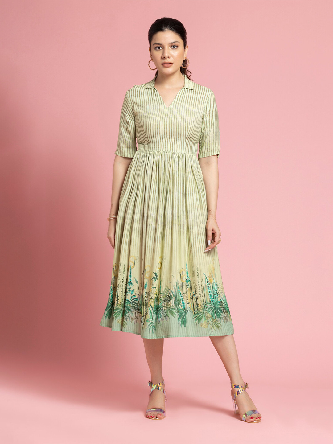 OCTICS Striped Shirt Collar Cotton Fit & Flare Midi Dress