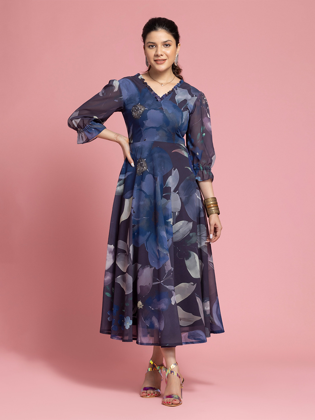 OCTICS Abstract Printed Puff Sleeves Georgette A-Line Midi Dress