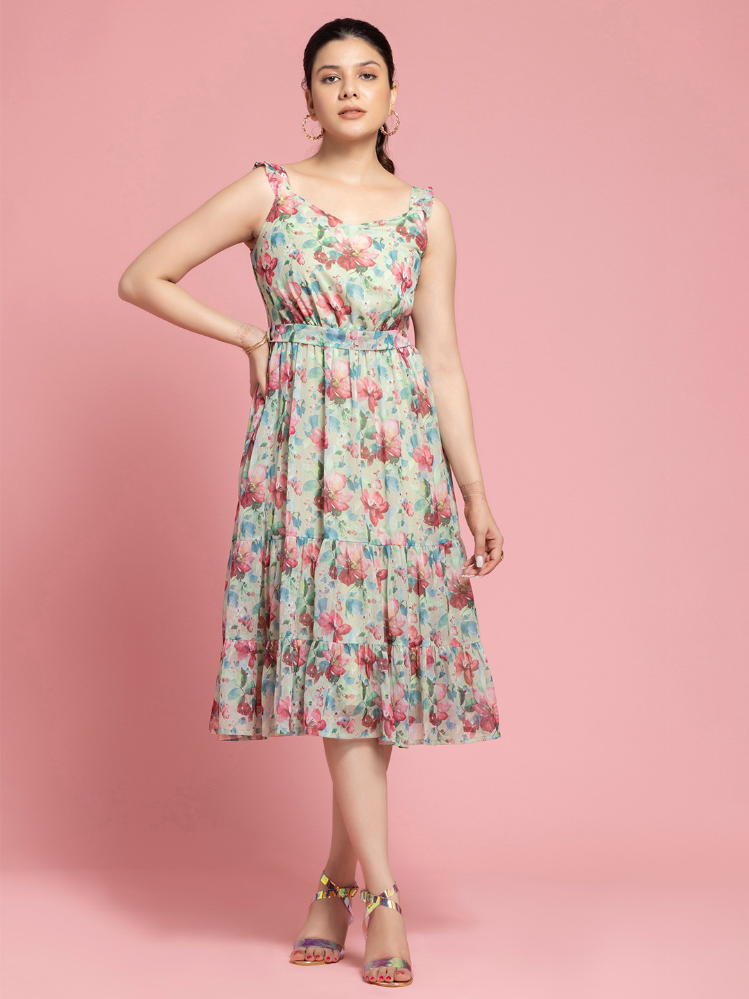 OCTICS Floral Printed Chiffon Fit and Flare Midi Dress