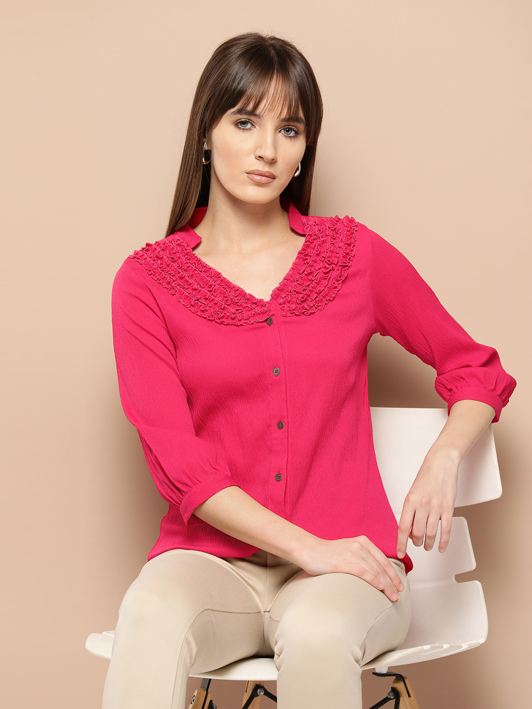 Chemistry Women Puff Sleeve Ruffles Crepe Shirt Style Top
