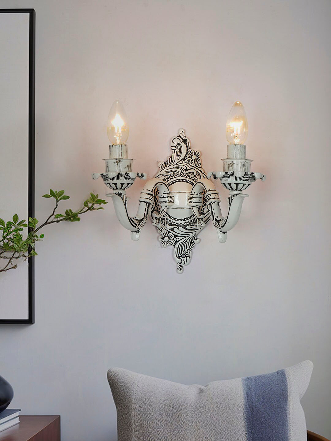 Fos Lighting White & Black Antique & Transitional Swan Double Candle Wall Lamp