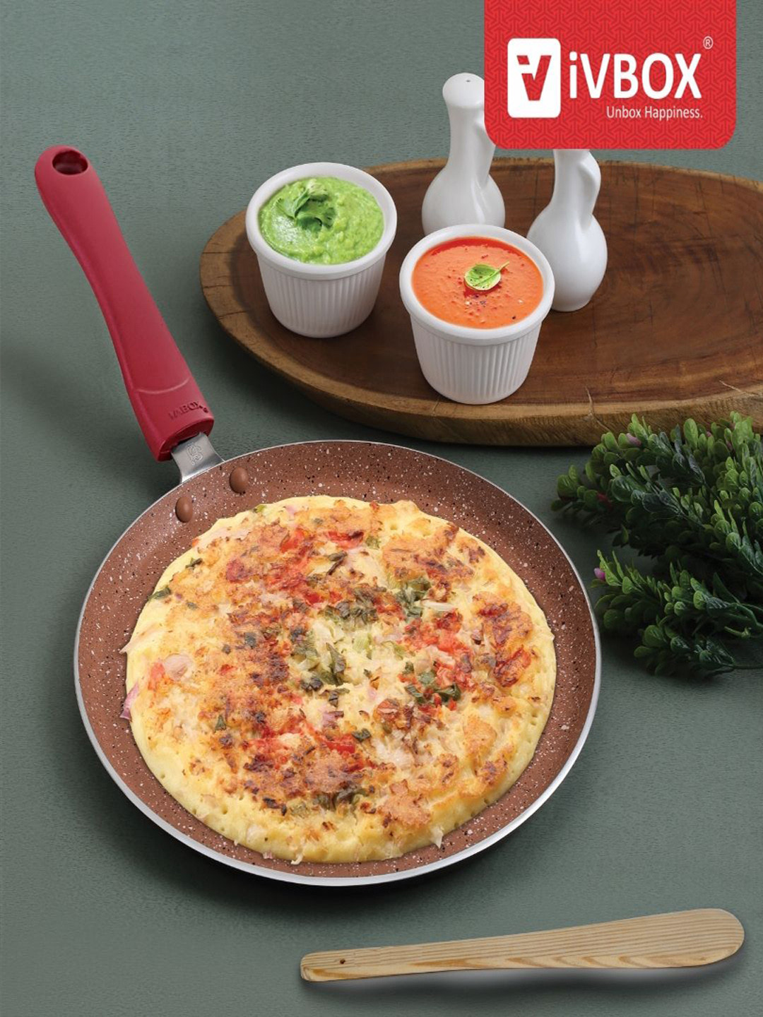 iVBOX Koca-Marble Maroon Non Stick Induction Base Tawa with Wooden Spoon